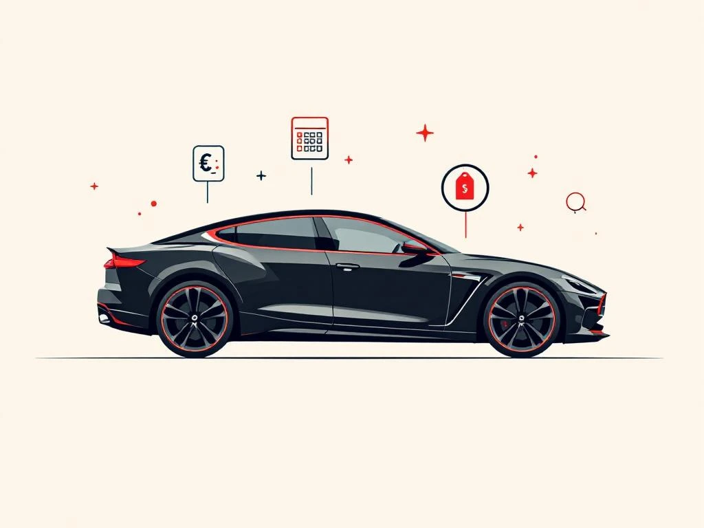 Zwarte auto silhouet met calculator, prijslabel en vergrootglas iconen voor waardebepaling op crème achtergrond