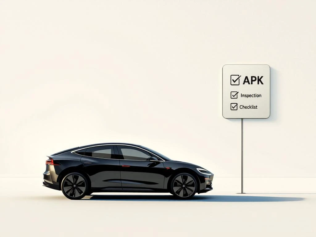 Zwarte elektrische auto silhouet met rode accenten naast APK keuringschecklist symbool op witte achtergrond