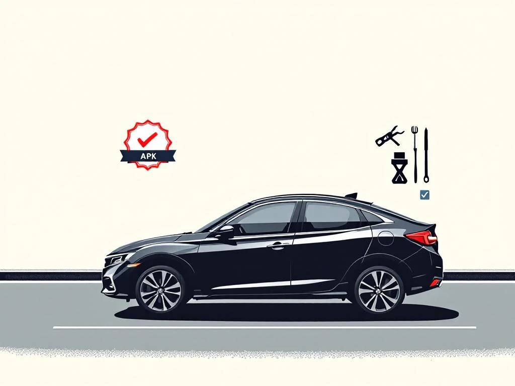 Honda auto silhouet met APK keuringssymbolen, vinkje badge en diagnostische gereedschappen op witte achtergrond