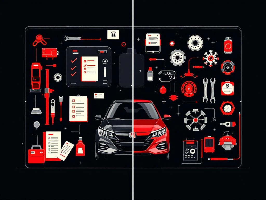 Honda APK-keuring versus onderhoud vergelijking met diagnostische apparatuur, gereedschap en documenten op zwarte achtergrond
