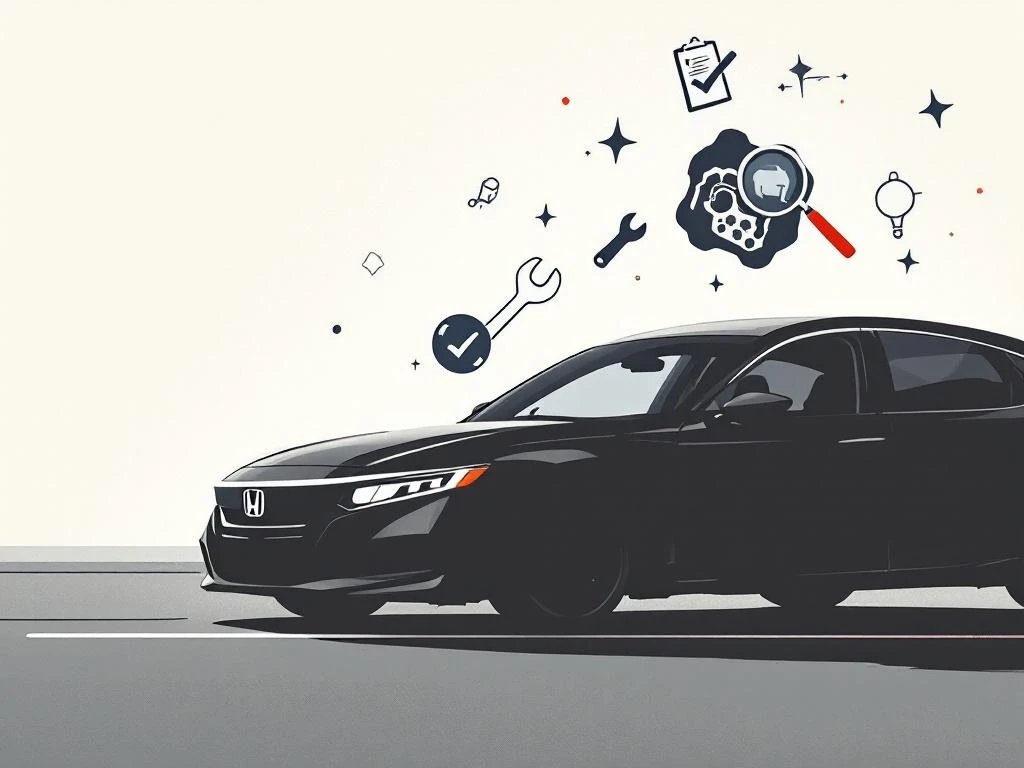 Honda auto silhouet met inspectie-iconen: klembord, sleutel en vergrootglas op witte achtergrond