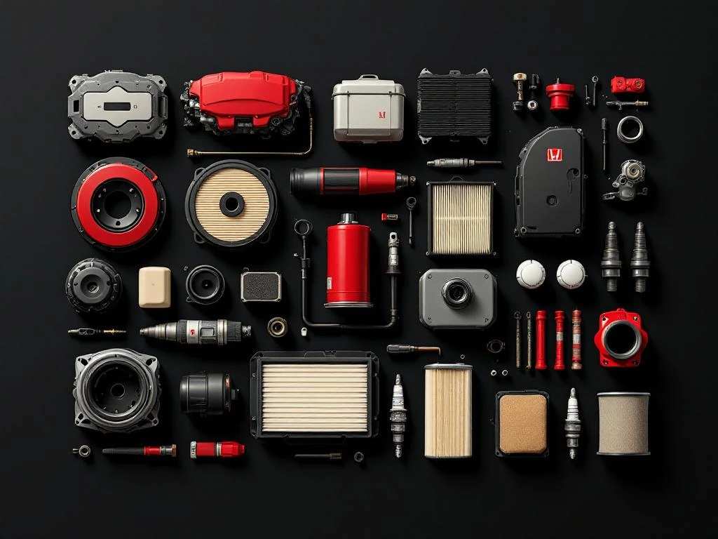 Honda originele auto-onderdelen zoals motorcomponenten, remblokken en bougies op zwarte achtergrond met rode accenten