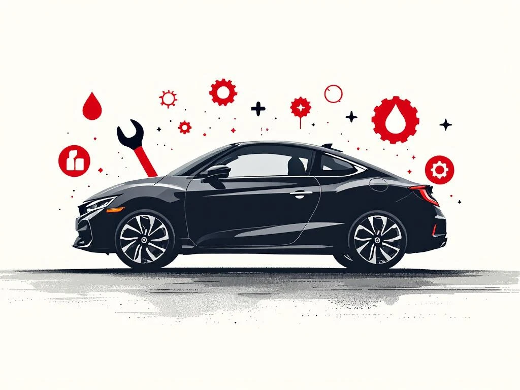 Honda auto silhouet met onderhoudsiconen zoals sleutel, oliedruppel en tandwiel voor preventief onderhoud