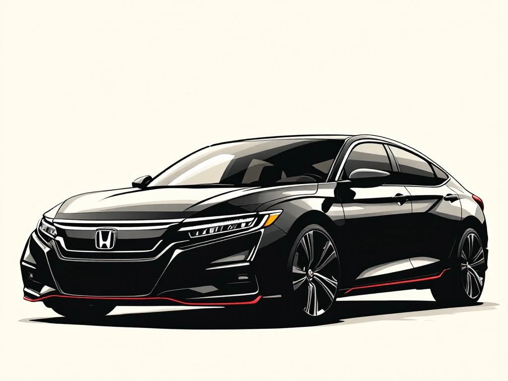 Honda auto silhouet in zwart met rode accenten op crème achtergrond, minimalistisch design met merklogo