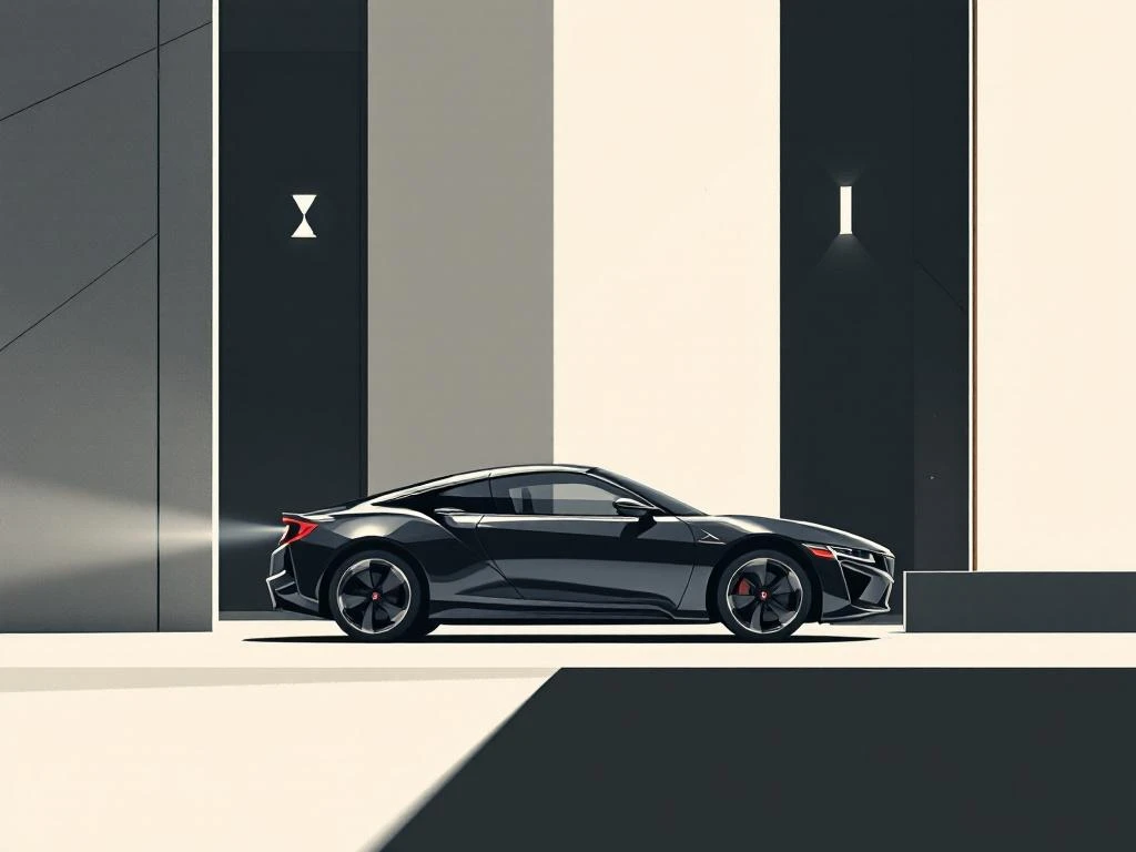 Honda auto silhouet met rode accenten en tijdsymbool op witte achtergrond, minimalistische stijl