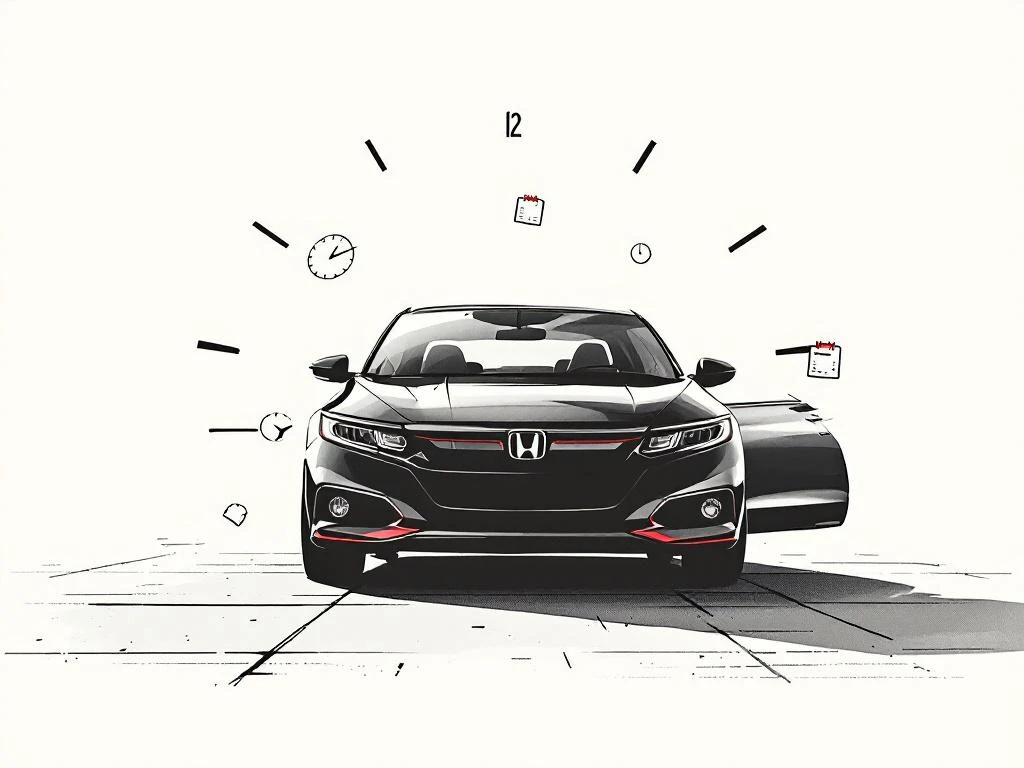 Honda auto silhouet in zwart met rode accenten, omgeven door klok- en kalenderelementen op witte achtergrond