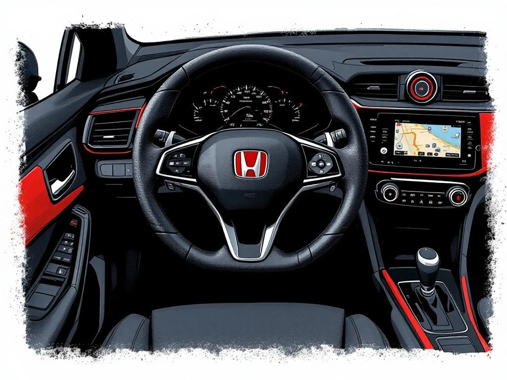 Honda auto in profiel met stuur en dashboard elementen, illustratie voor testrit artikel in minimalistisch rood-zwart design