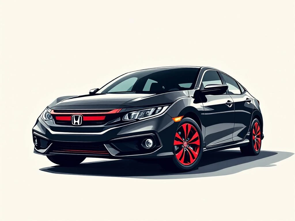 Zwarte Honda Civic auto in driekwart hoek met rode accenten op crème achtergrond, minimalistisch design