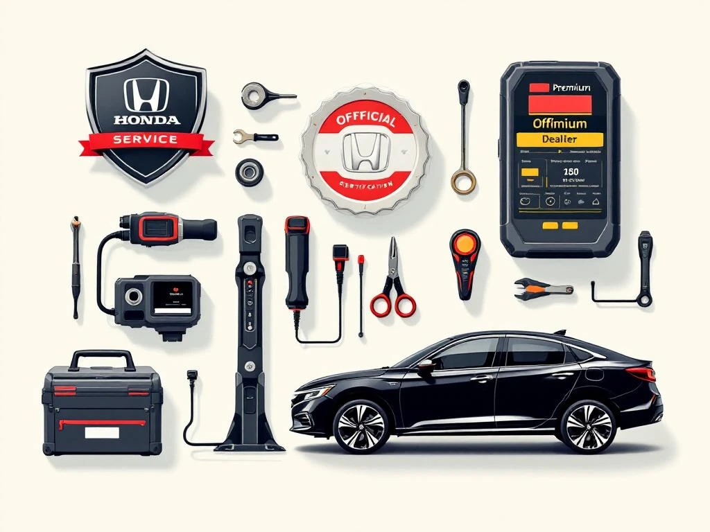 Honda dealer certificering iconen met voertuigsilhouet, onderhoudshulpmiddelen en officiële badge in geometrische opstelling