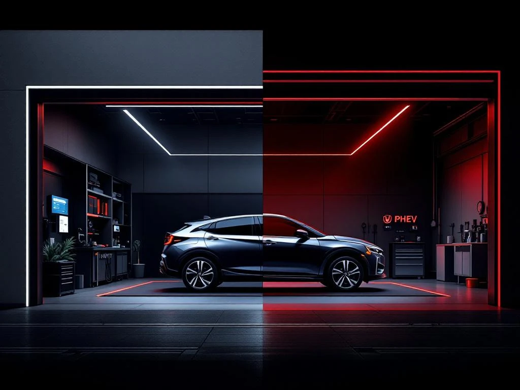 Gesplitste automotive compositie: Honda dealership serviceruimte met diagnoseapparatuur links, universele garage rechts