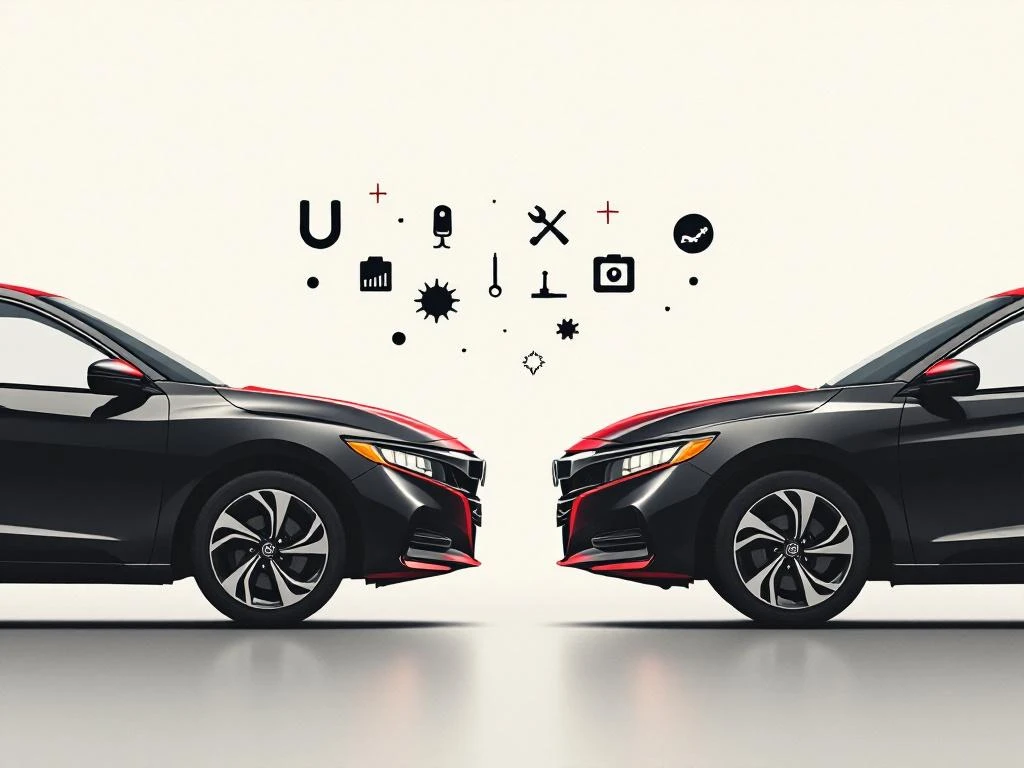 Honda elektrische en benzine auto silhouetten met onderhoudsconcepten, batterij- en motorsymbolen op witte achtergrond