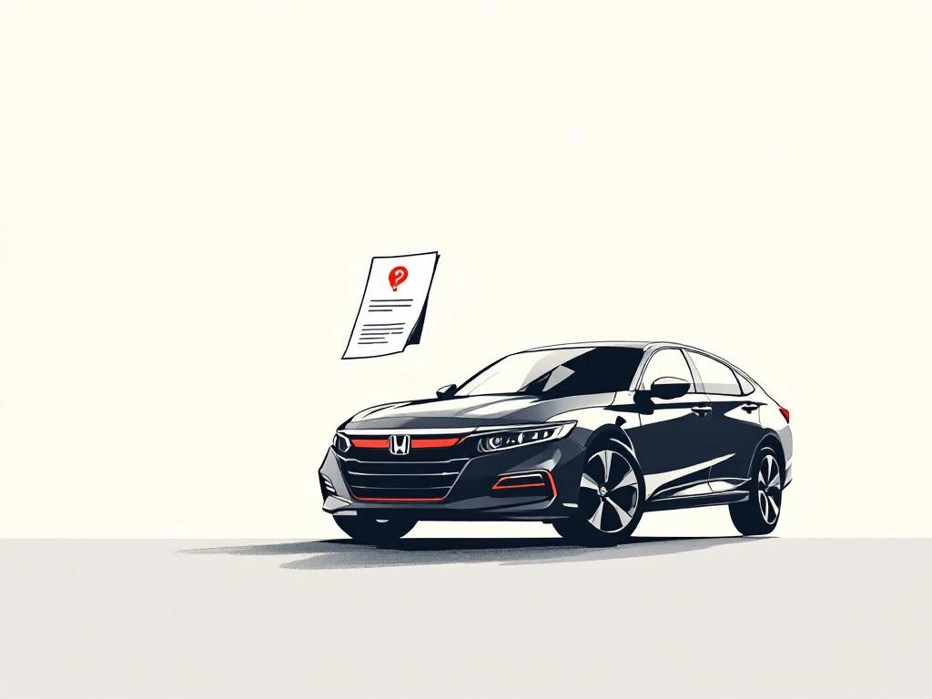Honda auto silhouet met garantiedocument en vraagteken, minimalistisch ontwerp op lichtgrijze achtergrond