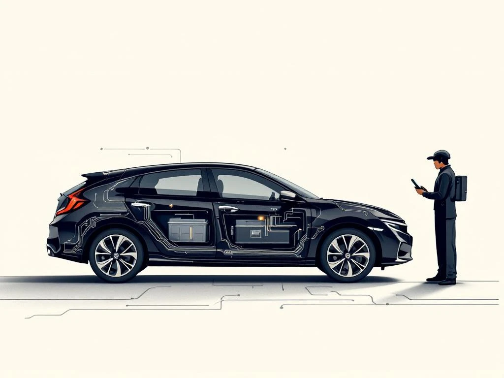 Honda hybride auto in profiel met zichtbaar batterijcompartiment en diagnostische scanner voor onderhoud
