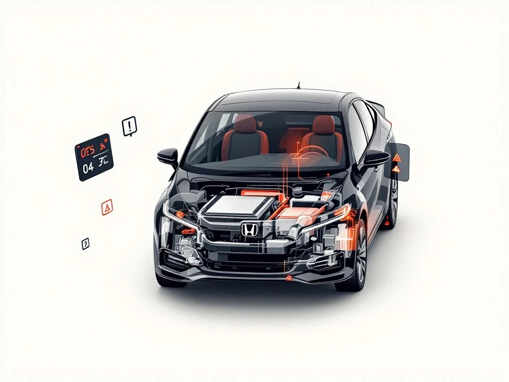 Honda hybride auto silhouet met transparante motorruimte, batterij en elektromotor componenten, waarschuwingslampjes