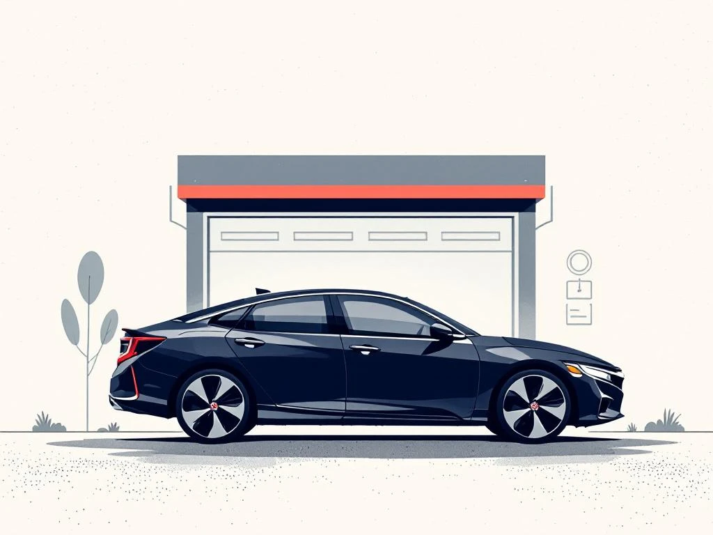 Honda hybride auto silhouet met garantiedocument symbolen en garage pictogrammen in minimalistische stijl