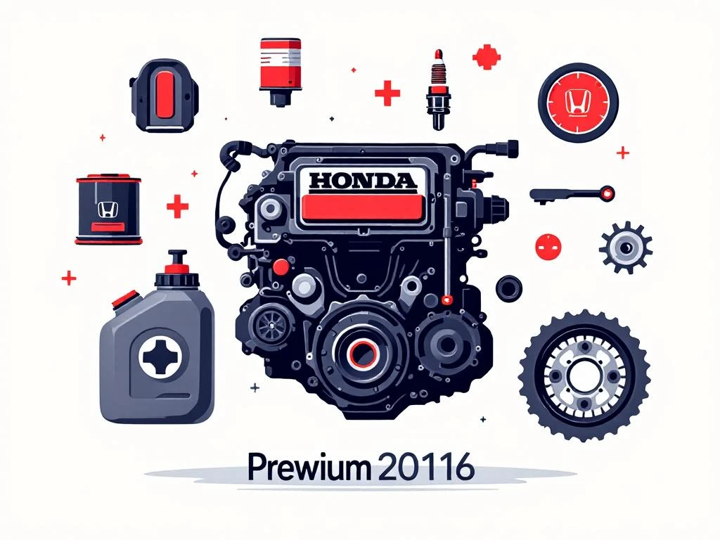 Honda motoronderdelen en onderhoudsgereedschap in gestileerde illustratie met motorblok, oliefilter en bougies