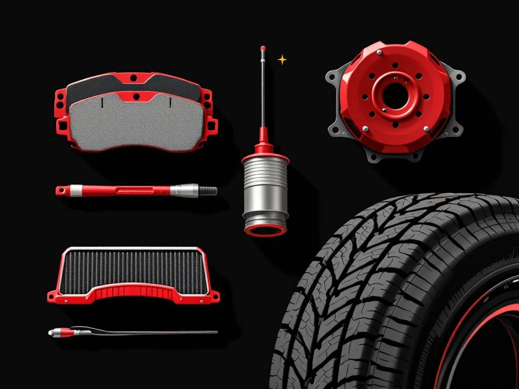 Honda auto-onderdelen illustratie: remblokken, oliefilter, ruitenwissers en bandenprofiel op zwarte achtergrond