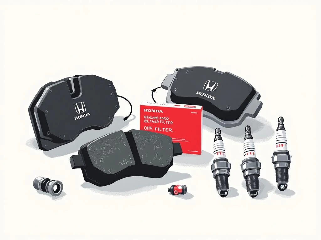 Honda auto-onderdelen: remblokken, oliefilters en bougies in minimalistische opstelling met rood Honda-accent