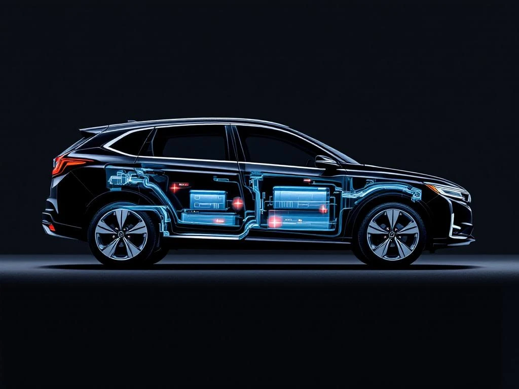 Honda PHEV-voertuig in profiel met zichtbaar hybride batterijsysteem en rode waarschuwingsindicatoren voor onderhoud