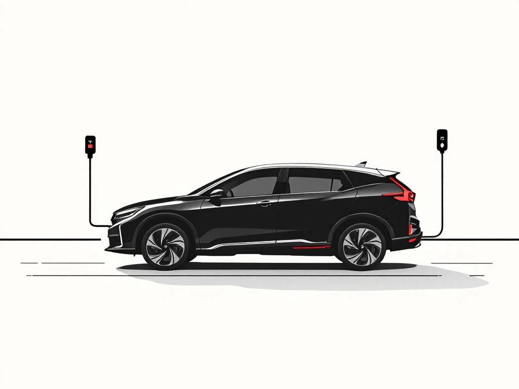 Honda PHEV hybride auto silhouet met elektrische laadsymbolen en batterij-iconen in minimalistische stijl