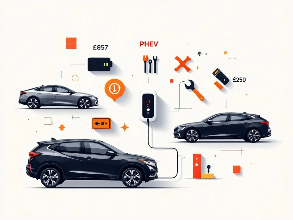 Honda hybride voertuig silhouet met concurrenten, laadpoort en onderhoudstools in minimalistische vergelijkingsillustratie