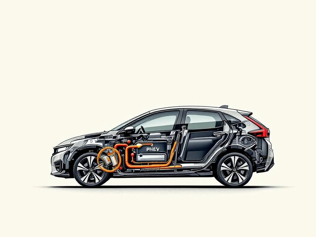 Honda PHEV motor doorsnede met oliedruppel en batterijsymbool, illustratie voor artikel over geschikte olie voor hybride motoren