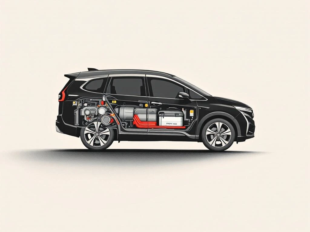 Honda PHEV-voertuig met zichtbare hybride motor en batterijcomponenten in minimalistische illustratiestijl voor onderhoud artikel