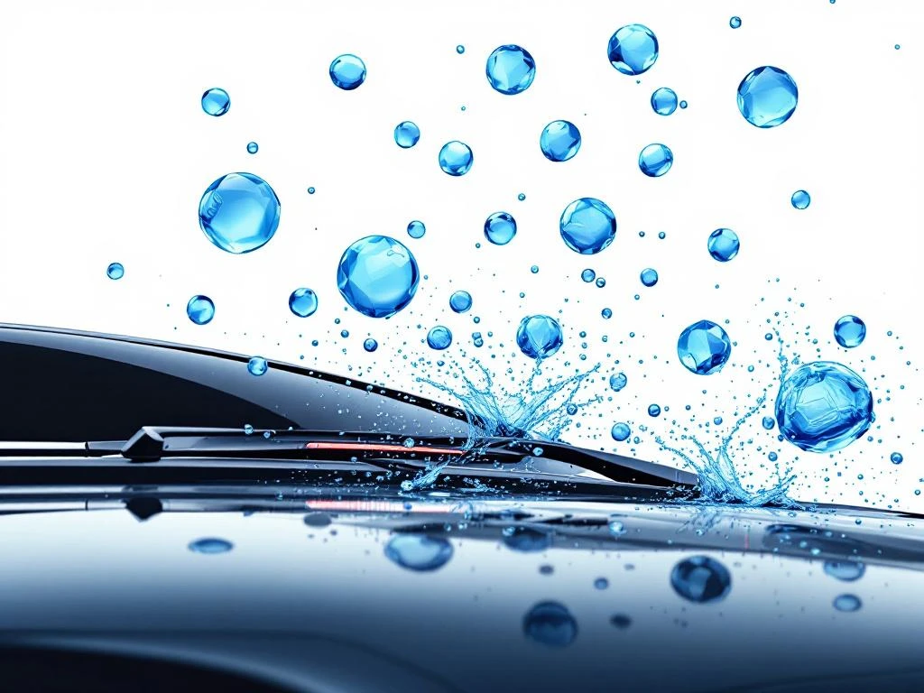 PHEV auto silhouet met ruitenwissers in beweging en blauwe wasservloeistof druppels, Honda hybride badge op achtergrond