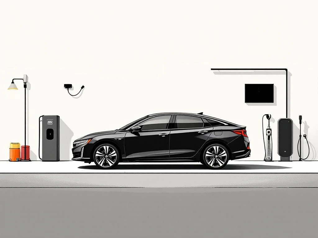 Honda PHEV hybride auto silhouet met elektrische oplaadsymbolen en onderhoudsgereedschap op witte achtergrond