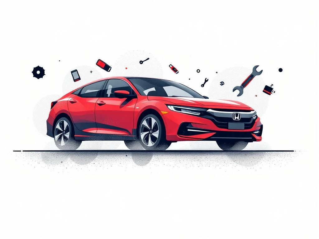 Honda auto silhouet met onderhoudsgereedschap in rood, grijs en wit voor gecertificeerde dealer service artikel
