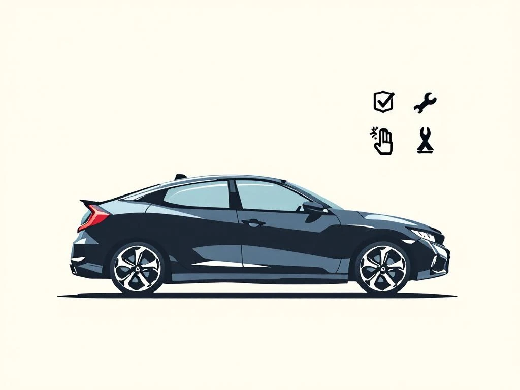 Honda voertuig silhouet met APK inspectie symbolen: vinkje schild, moersleutel en diagnostische elementen op witte achtergrond