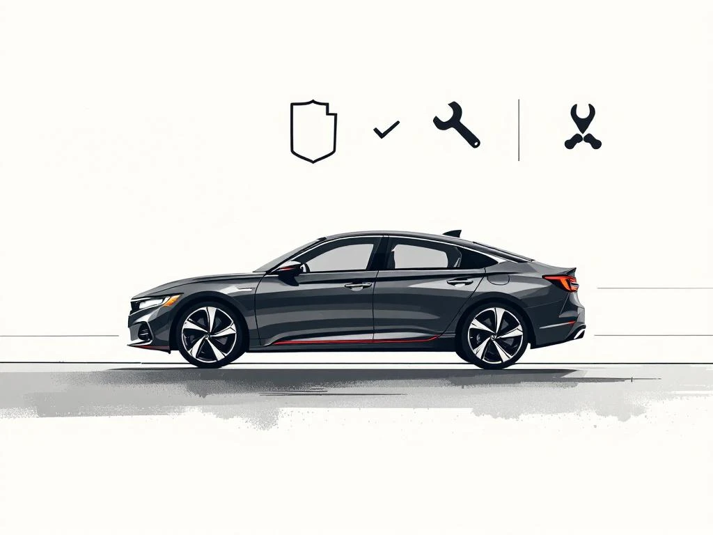 Honda voertuigsilhouet met APK inspectie iconen: vinkje schild, moersleutel en diagnostisch gereedschap op witte achtergrond