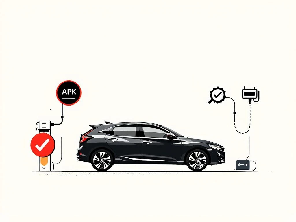 Honda voertuig silhouet met APK inspectie symbolen en diagnostische gereedschappen op witte achtergrond