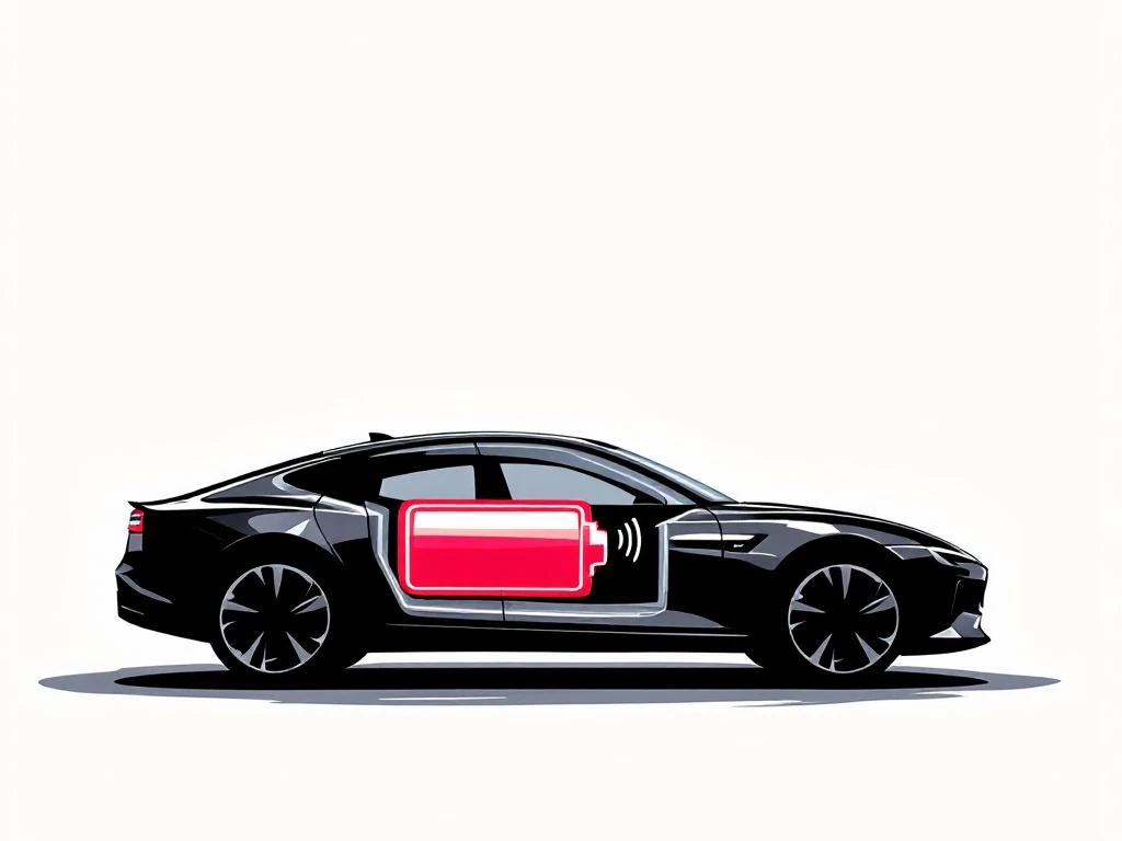 Zwarte hybride auto silhouet met rode batterij symbool, toont elektrische aandrijflijn in minimalistische illustratie stijl