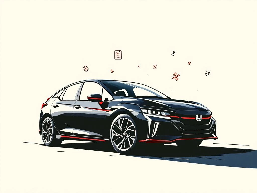 Zwarte hybride auto met rode accenten en financiële symbolen op crème achtergrond, Honda-geïnspireerd ontwerp