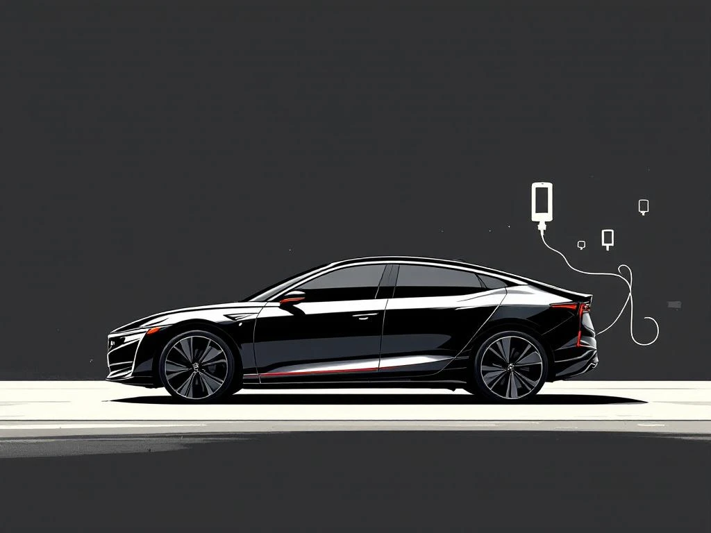 Zwarte hybride auto met rode accenten en elektrische laadsymbolen op donkergrijze achtergrond