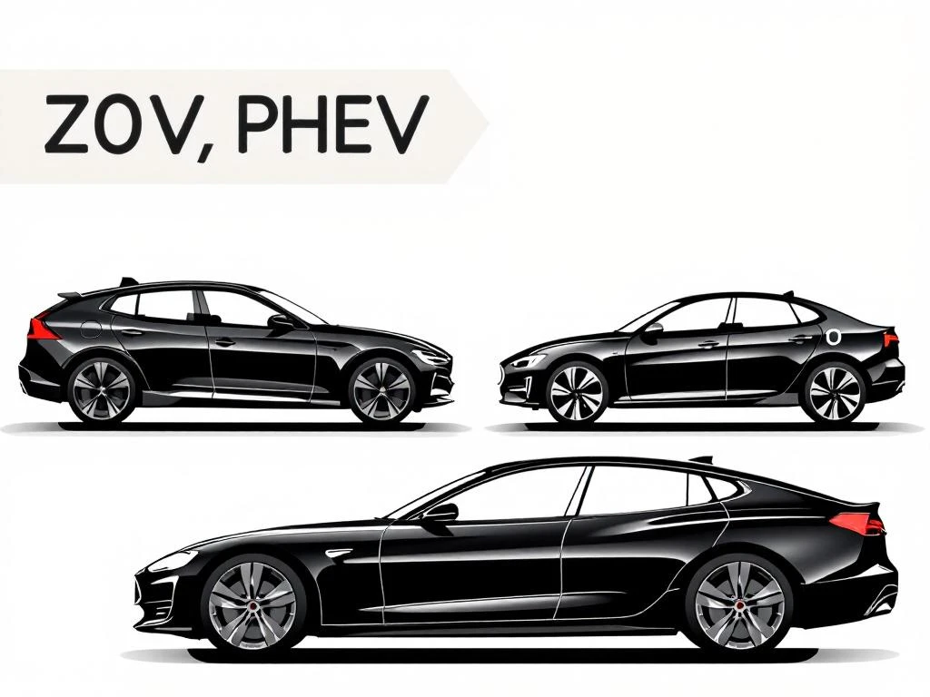 Twee zwarte auto-silhouetten naast elkaar, FHEV met motordetails en PHEV met oplaadpoort, rode accenten op witte achtergrond