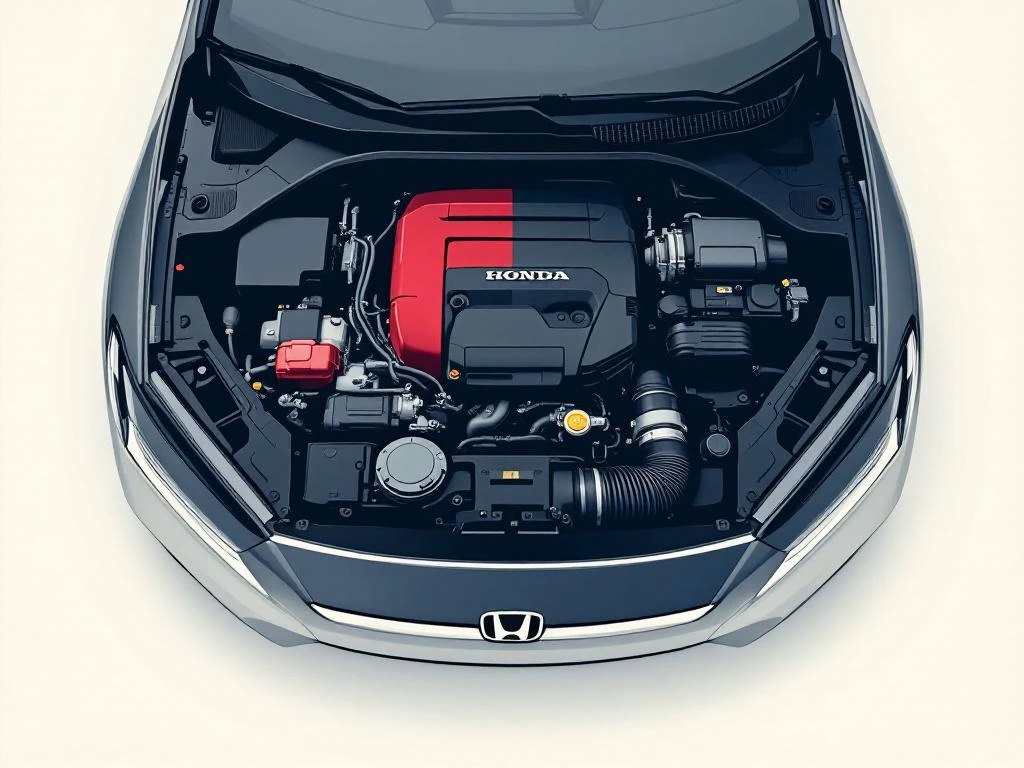 Hybride auto-motorcompartiment met traditionele en elektrische motoronderdelen in zwart-rood kleurenschema