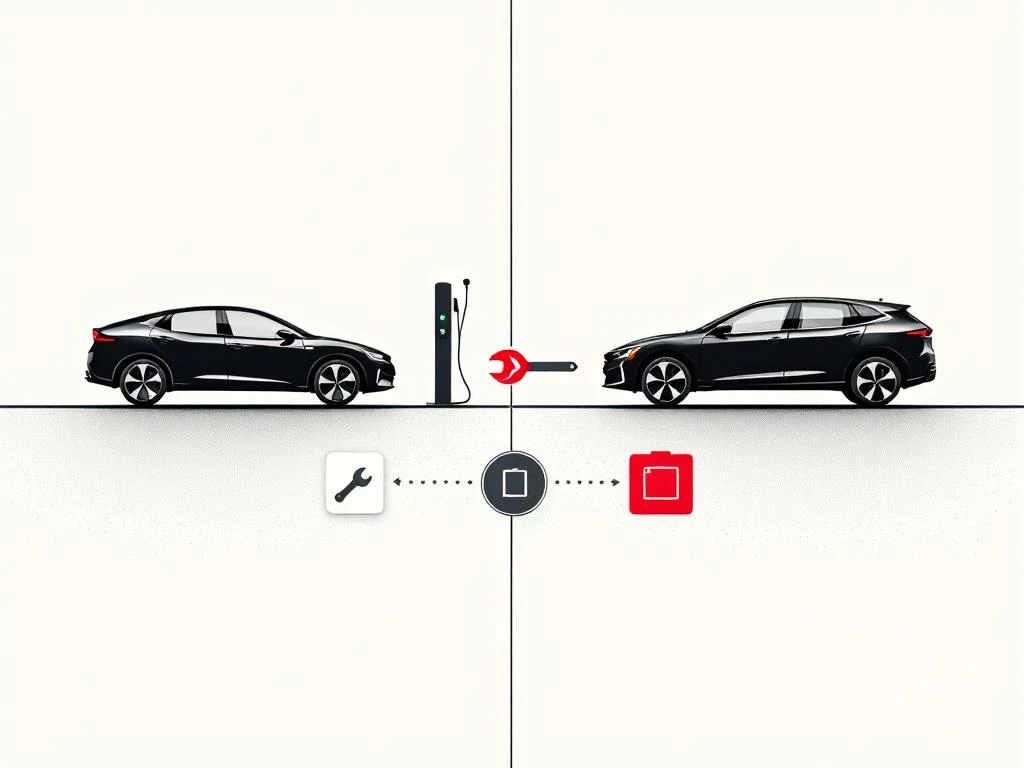 Split-screen illustratie van PHEV met laadpoort en HEV met onderhoudsiconen: moersleutel, batterij en serviceintervallen