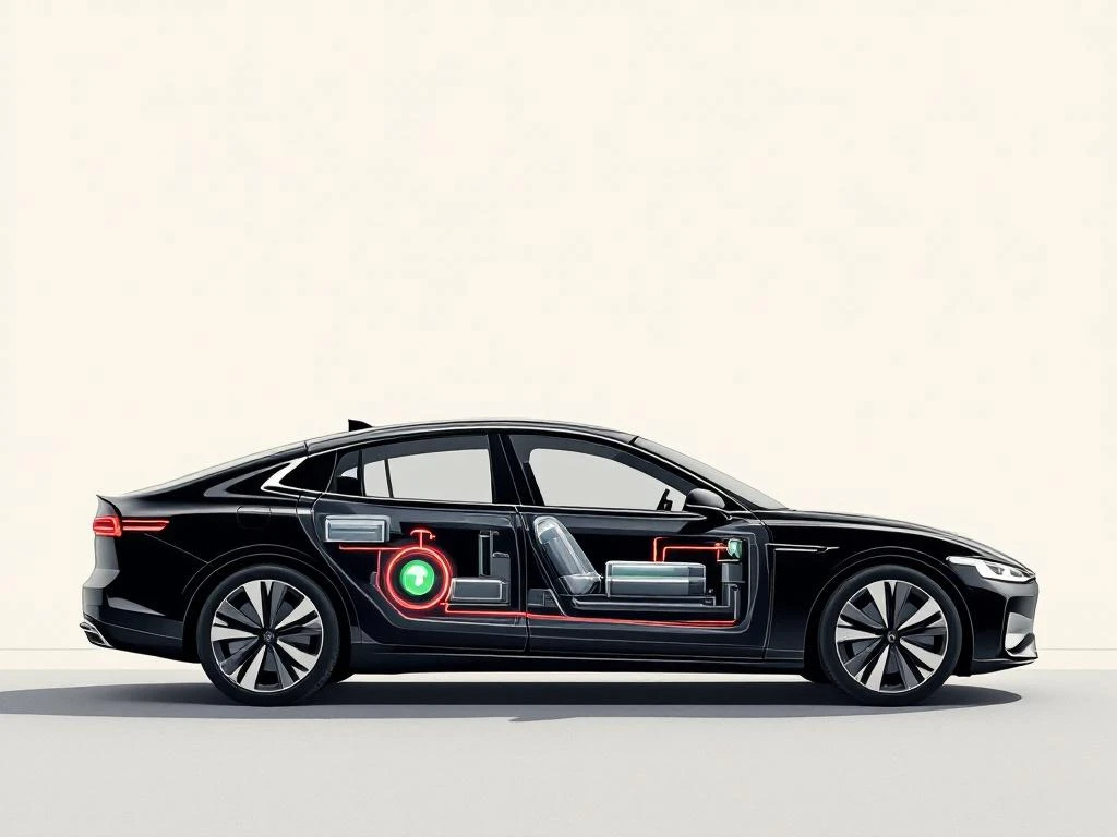 Hybride auto silhouet met laadpoort en zichtbare batterijcomponenten, zwarte carrosserie met rode accentverlichting