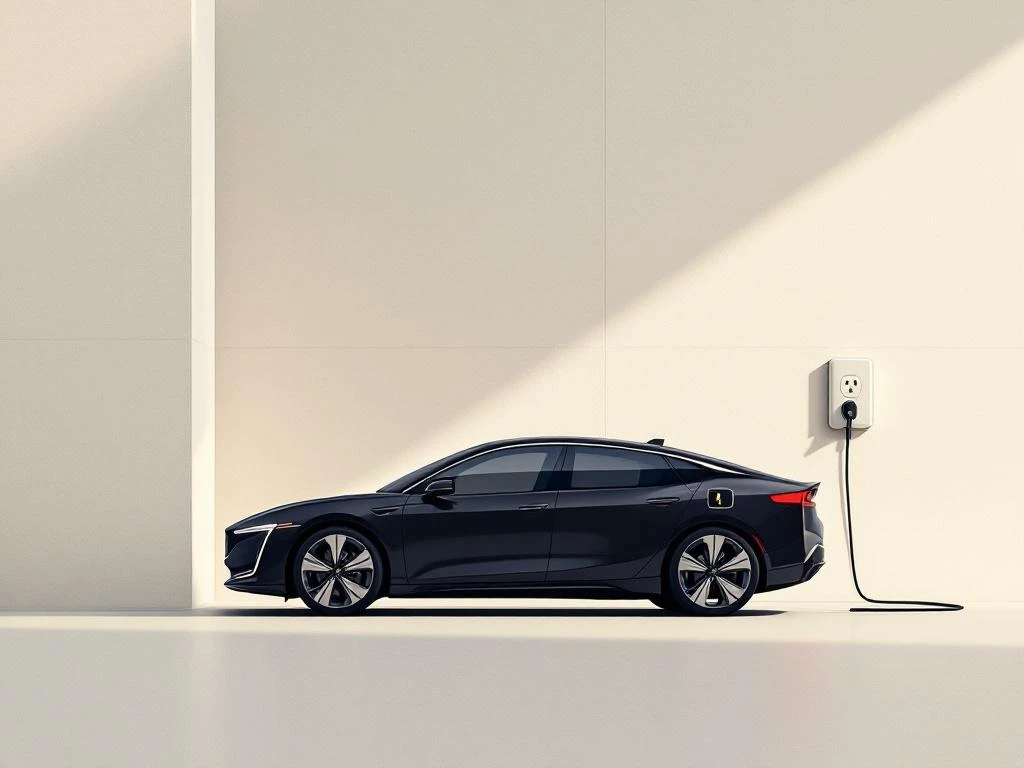 Hybride auto silhouet met oplaadkabel aangesloten op stopcontact, dashboard toont batterijpercentage en energieverbruik