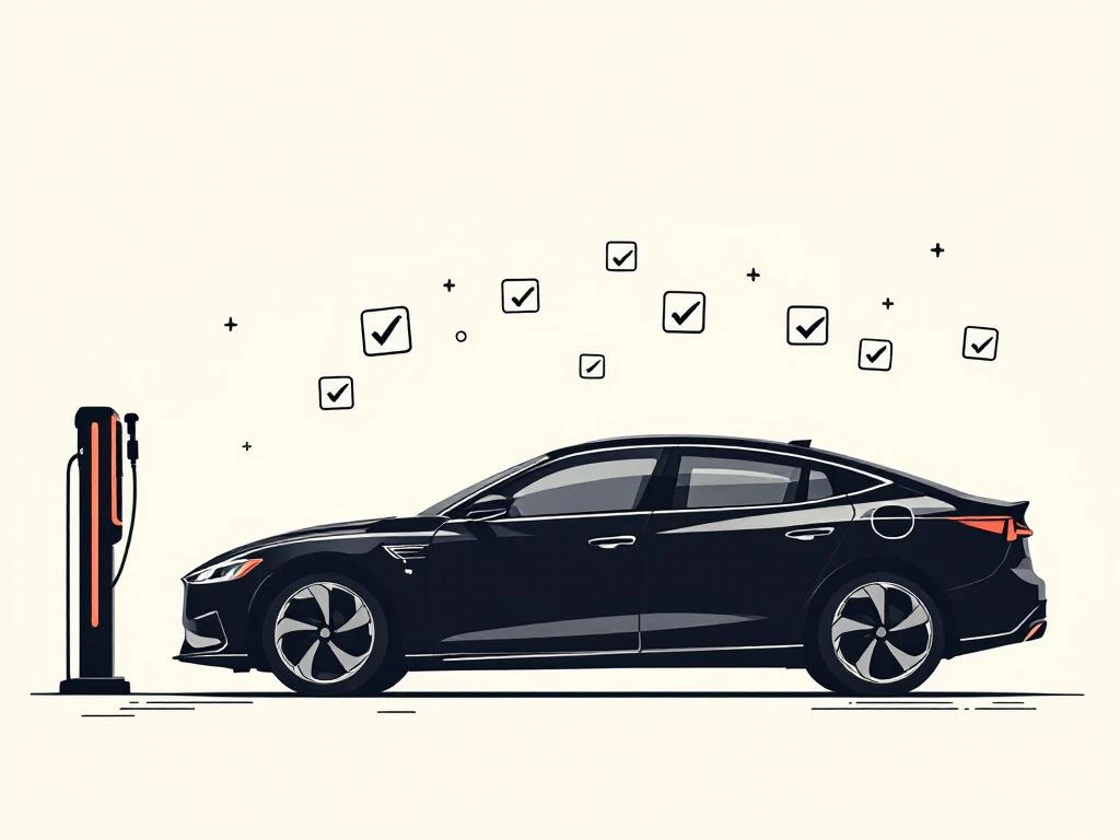 Hybride auto silhouet met elektrische oplaadpoort en batterijsymbolen, omringd door inspectie checklist iconen