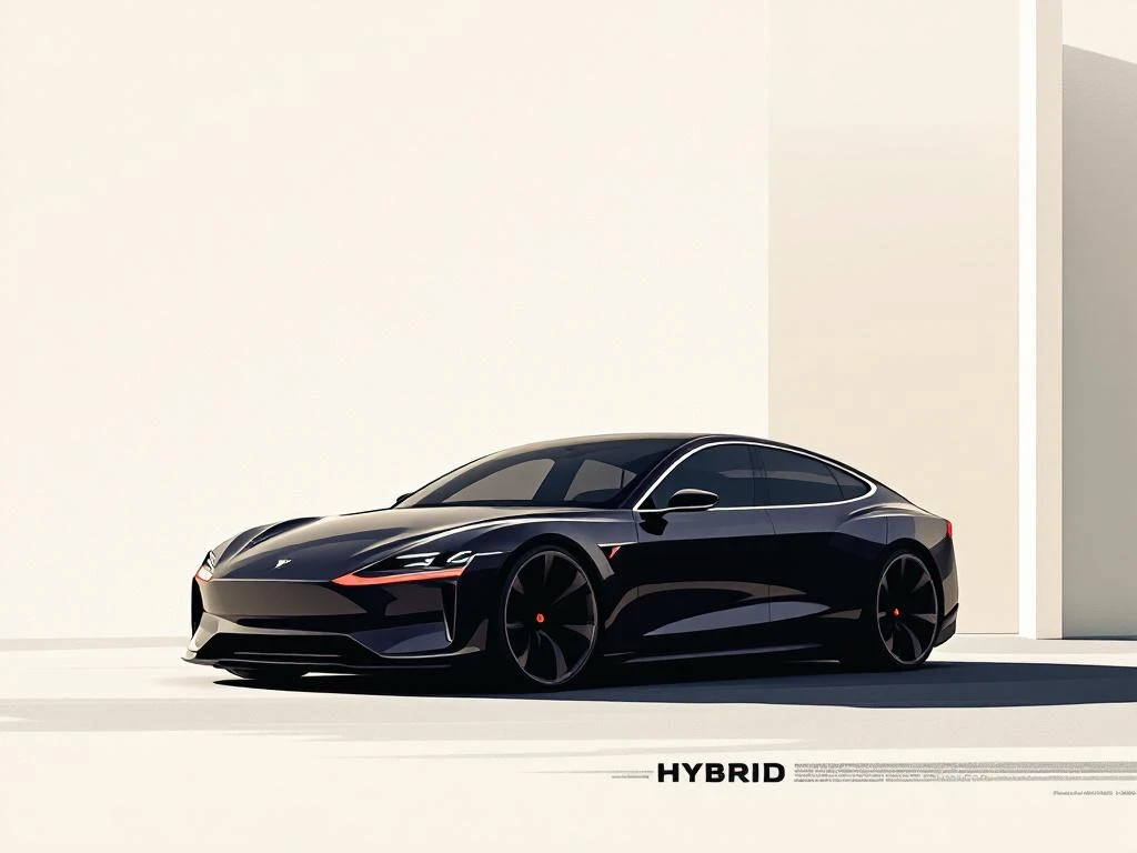 Zwarte hybride auto silhouet met rode accenten en premium badge details op lichte achtergrond
