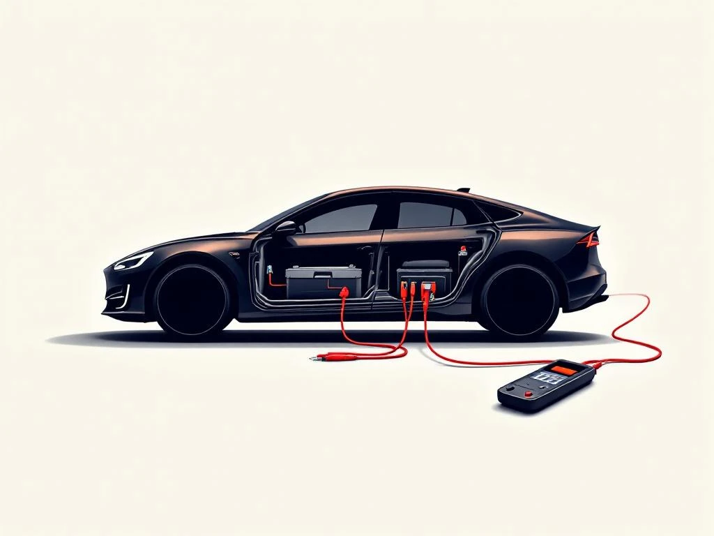 PHEV auto silhouet met blootgestelde 12V batterij en multimeter voor elektrische metingen op witte achtergrond