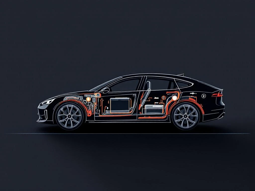 Zwarte PHEV auto in doorsnede met zichtbare batterij, omringd door onderhoudsgereedschap en beschermingssymbolen