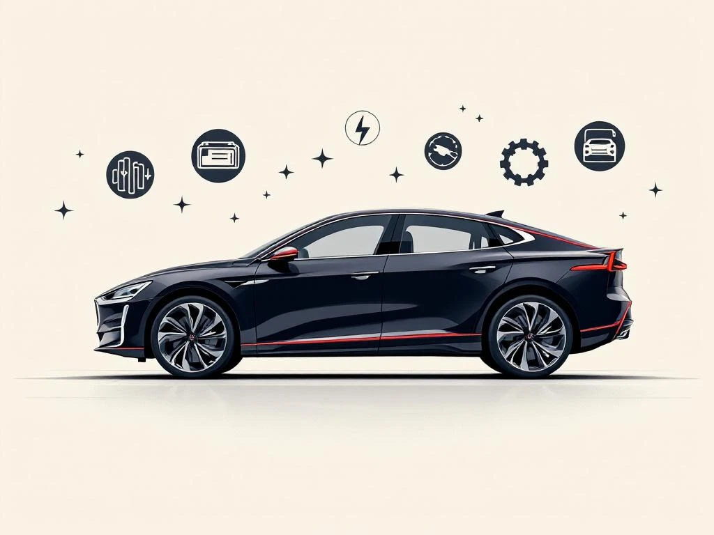 Zwarte PHEV auto silhouet met rode accenten en zwevende onderhoudspictogrammen op witte achtergrond