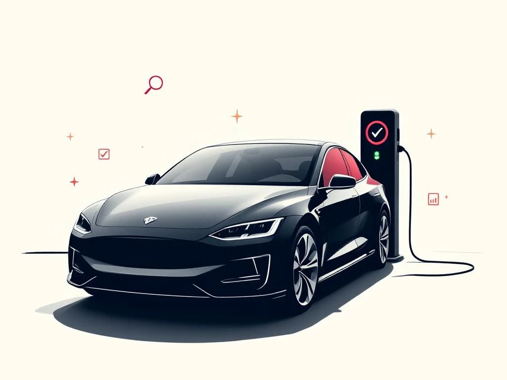 Zwarte PHEV auto met rode oplaadpoort en inspectie-iconen zoals vergrootglas en vinkjes op witte achtergrond