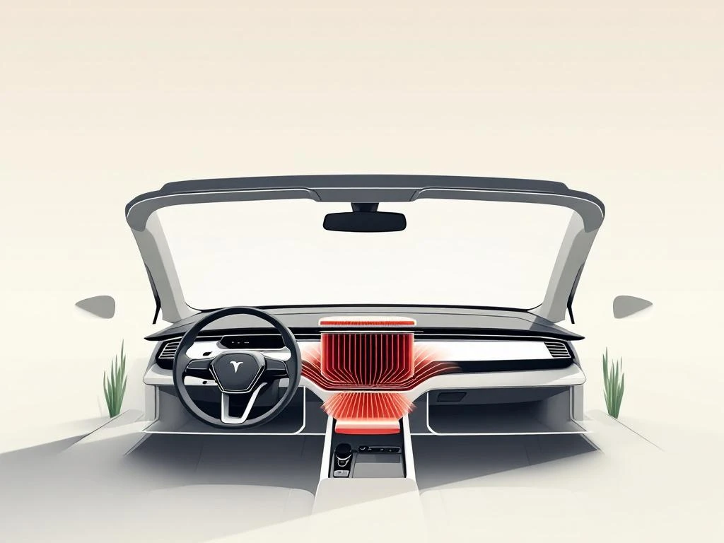 PHEV auto interieur doorsnede met prominente luchtfilter in rood, minimalistisch dashboard op witte achtergrond