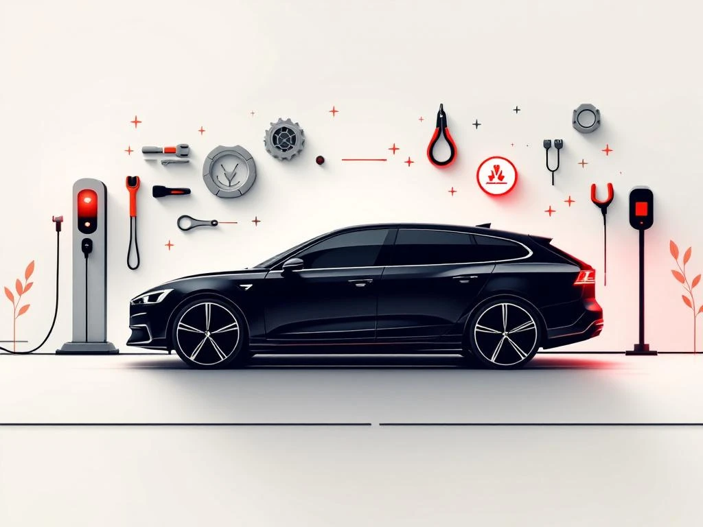 Zwarte hybride auto silhouet met oplaadpoort en onderhoudsgereedschap op witte achtergrond met rode accenten