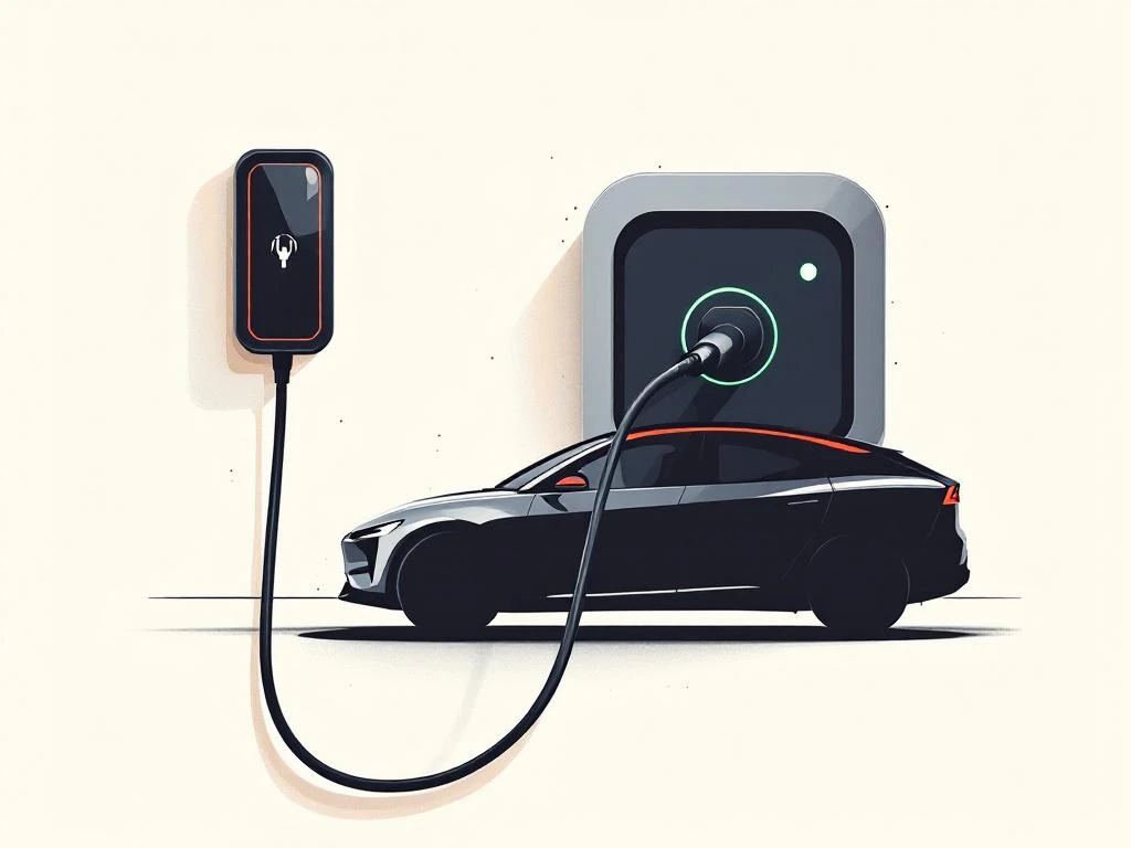 Zwarte PHEV auto silhouet met rode oplaadpoort verbonden aan donkergrijze laadkabel op crème achtergrond